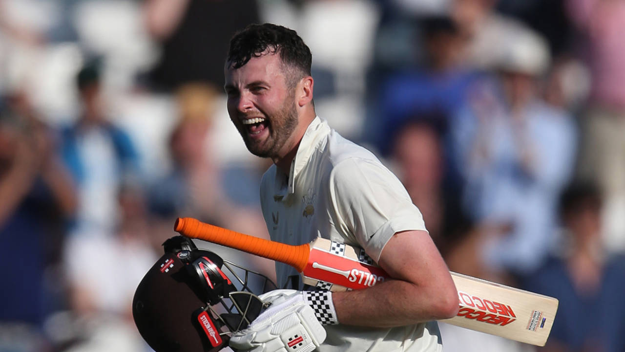 Dom Sibley celebrates after reaching his century, Surrey vs Hampshire, County Championship, Kia Oval, April 11, 2025