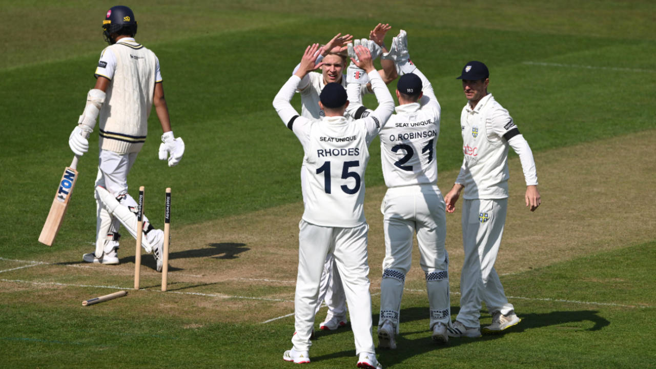 Hamza Shaikh was bowled by Daniel Hogg for a duck, Durham vs Warwickshire, Chester-le-Street, County Championship, April 12, 2025