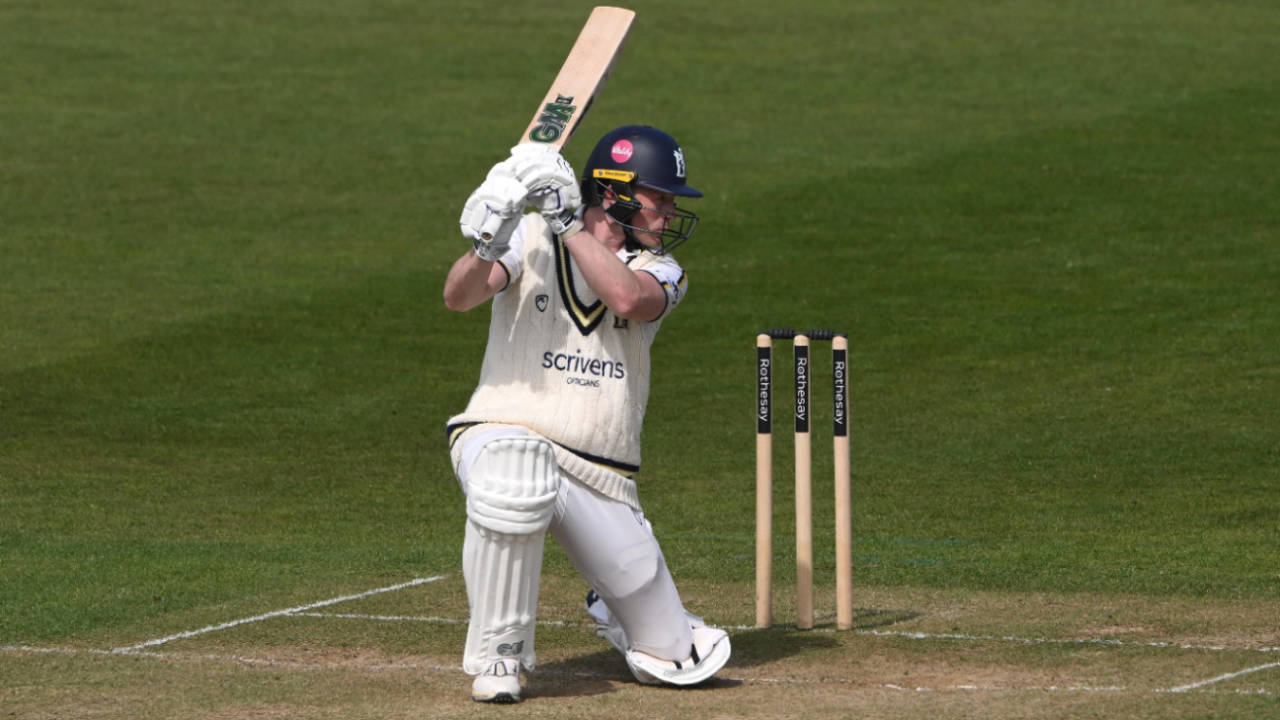 Rob Yates climbs into a square drive, Durham vs Warwickshire, Chester-le-Street, County Championship, April 12, 2025