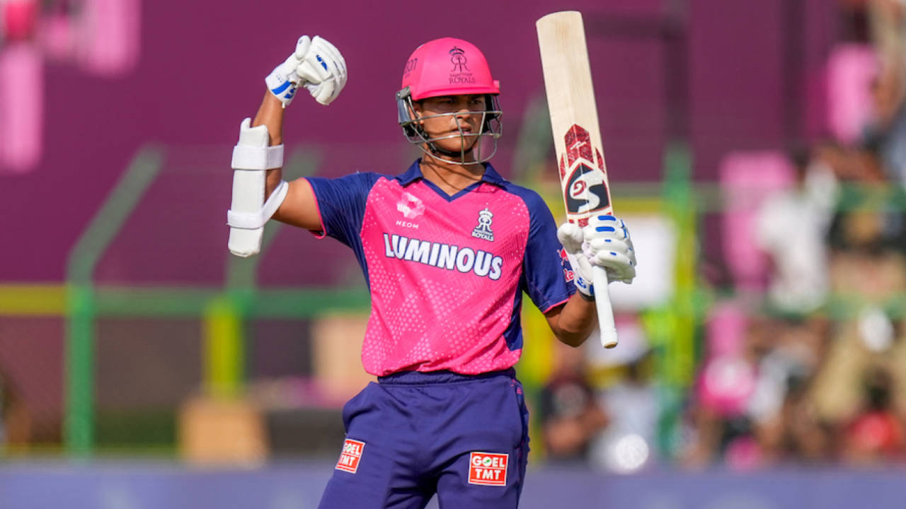 Yashasvi Jaiswal muscles a celebration upon reaching a 35-ball fifty, Rajasthan Royals vs Royal Challengers Bengaluru, IPL 2025, Jaipur, April 13, 2025