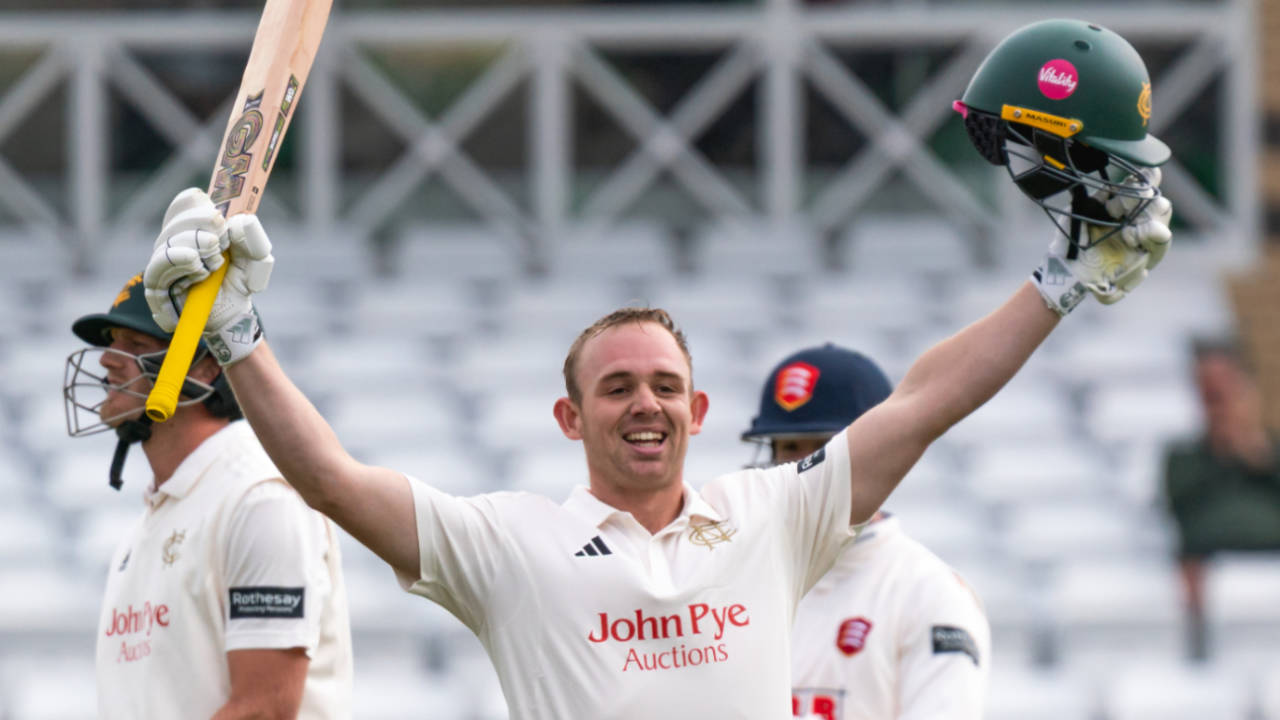 Jack Haynes celebrates his maiden hundred for Notts, Nottinghamshire vs Essex, County Championship, Division One, Trent Bridge, April 14, 2025