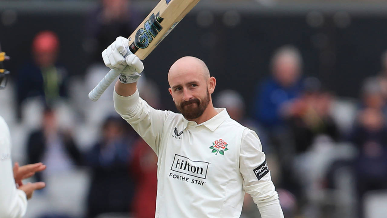 Josh Bohannon acknowledges the applause for his hundred, Lancashire vs Northamptonshire, County Championship, Division Two, Old Trafford, April 14, 2025