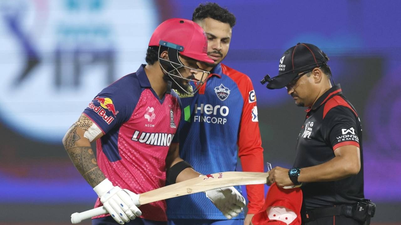 Umpire Akshay Totre checks Riyan Parag's bat, Delhi Capitals vs Rajasthan Royals, IPL 2025, Delhi, April 16, 2025