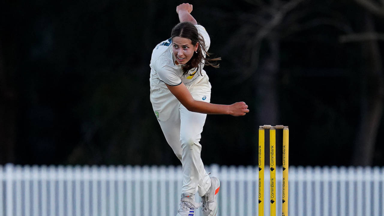 Tess Flintoff at the bowling crease, Australia A vs England A, Four-day game, Cricket Central, April 13, 2025
