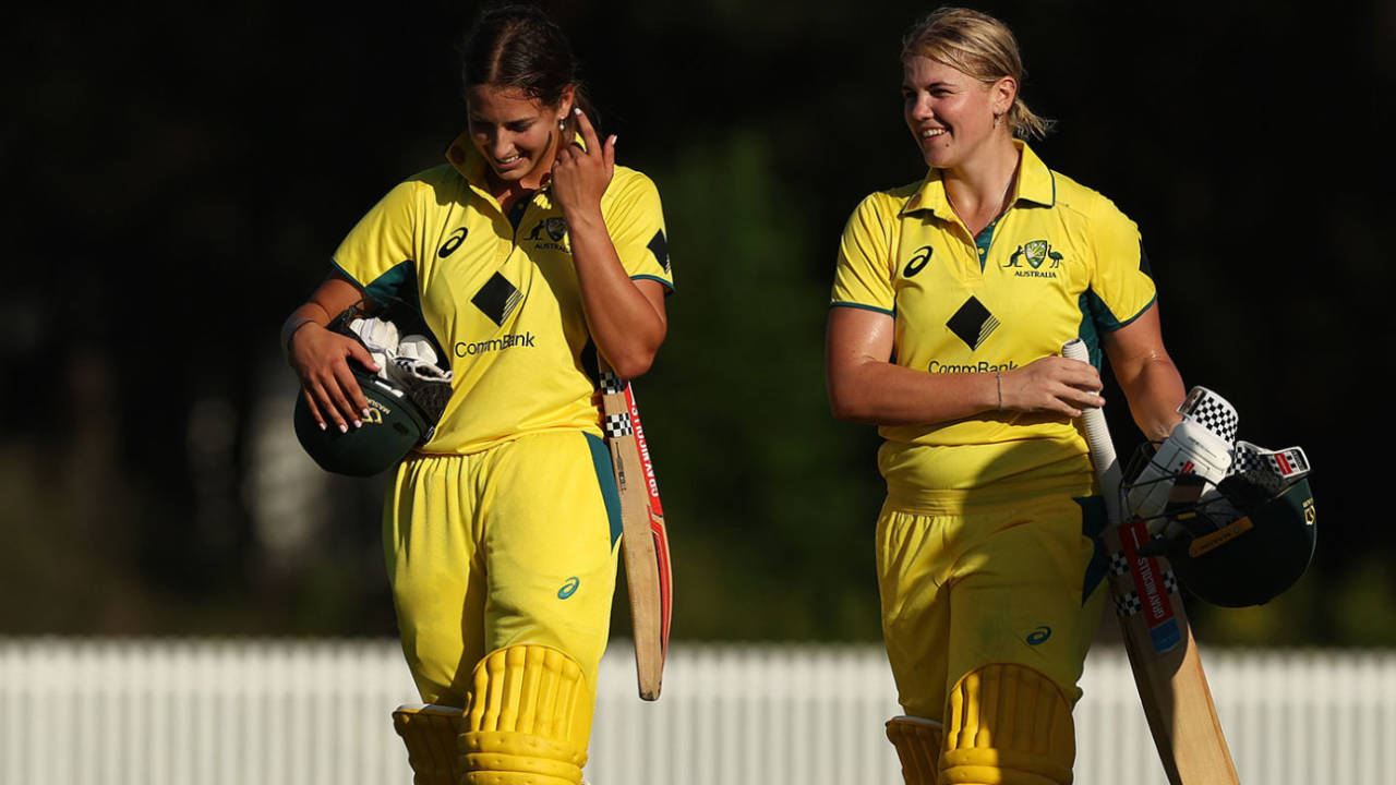 Tess Flintoff and Georgia Voll walk off after victor, Australia A vs England A, 1st one-day game, Cricket Central, April 2, 2025