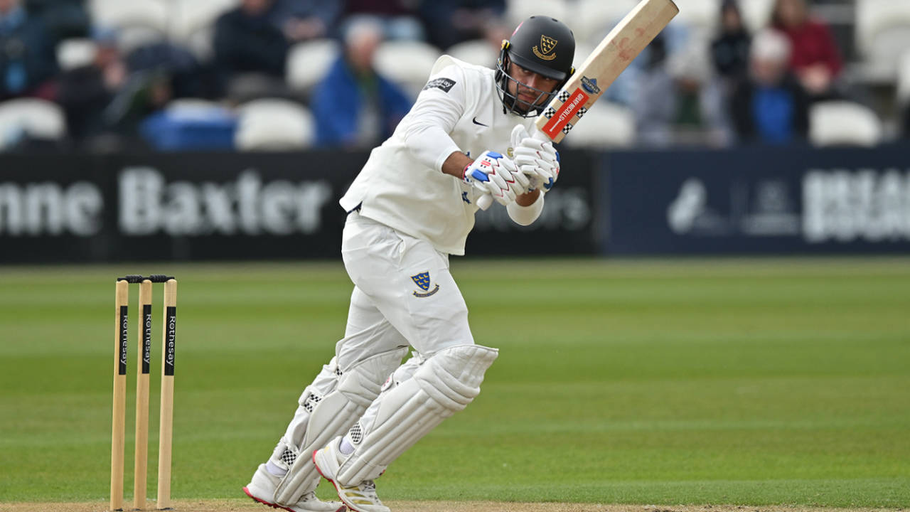Tom Haines works the ball leg side during a solid start for the hosts, Sussex vs Surrey, County Championship, Hove, April 18, 2025