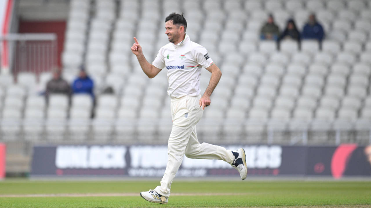 Ian Holland claimed two wickets on the first day at Old Trafford, Lancashire vs Leicestershire, County Championship, April 18, 2025