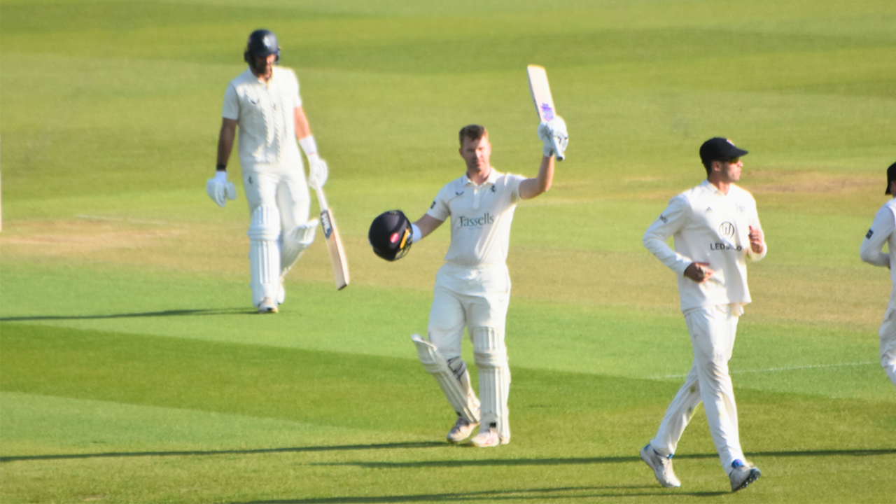Ben Compton raises his bat on reaching a century, Kent vs Gloucestershire, County Championship, Canterbury, April 19, 2025