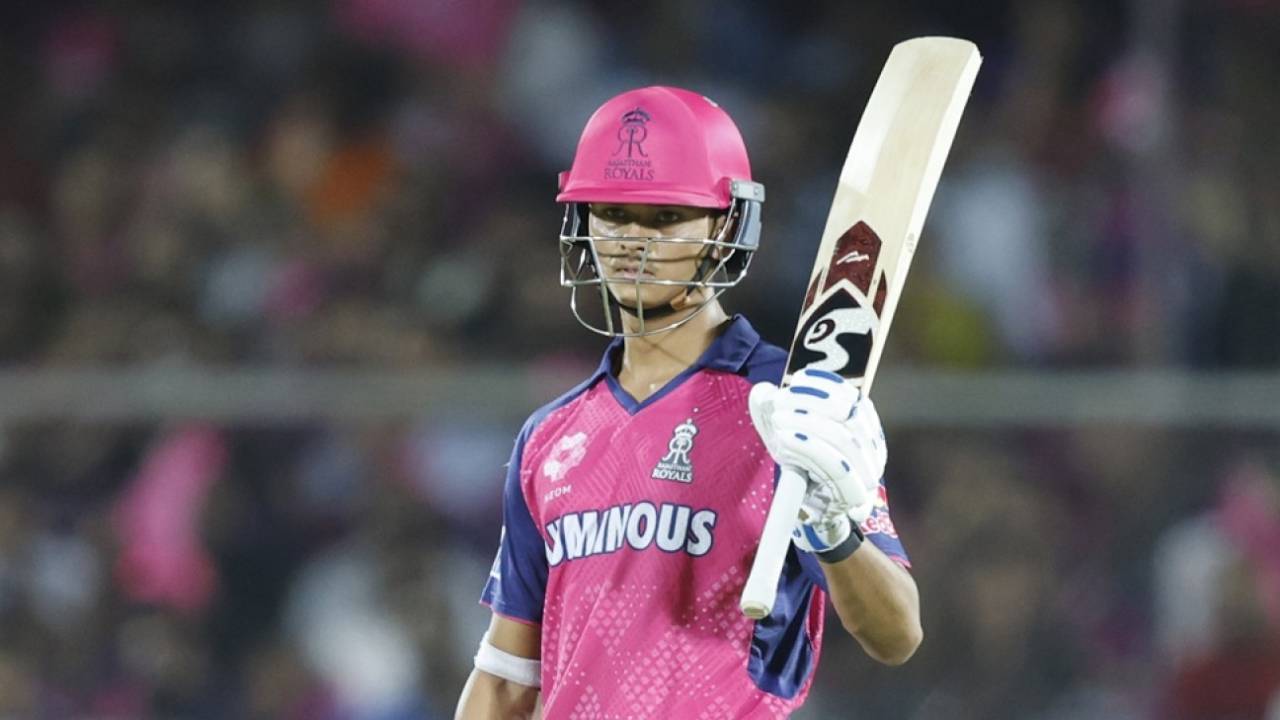 Yashasvi Jaiswal raises his bat after getting to his fifty, Rajasthan Royals vs Lucknow Super Giants, IPL 2025, Jaipur, April 19, 2025