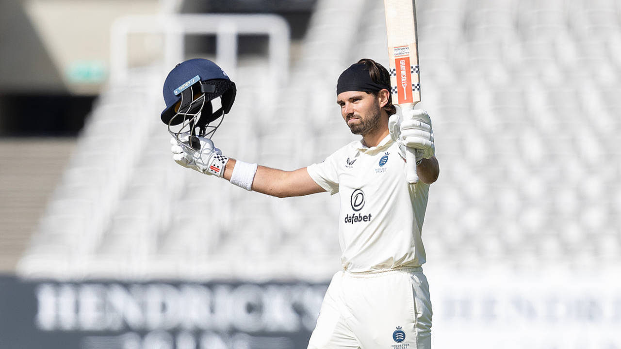 Max Holden acknowledges his hundred, Middlesex vs Glamorgan, County Championship, Division Two, Lord's, April 19, 2025