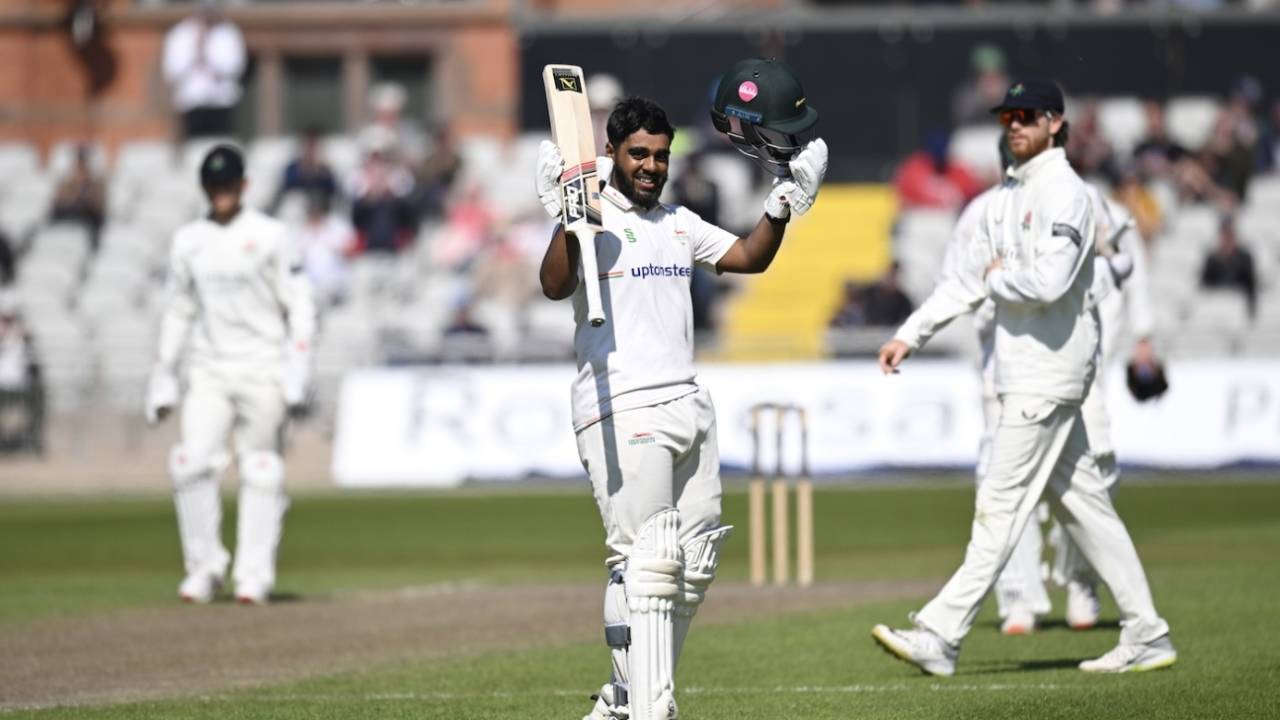 Rehan Ahmed celebrates his century, Lancashire vs Leicestershire, Emirates Old Trafford, Division Two, County Championship, April 20, 2025