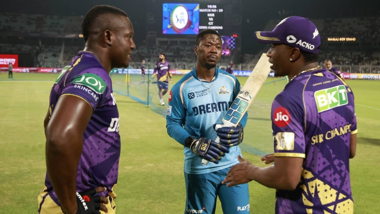A Caribbean reunion: Rovman Powell, Sherfane Rutherford and Dwayne Bravo catch up at the IPL, Kolkata Knight Riders vs Gujarat Titans, IPL 2025, April 20, 2025