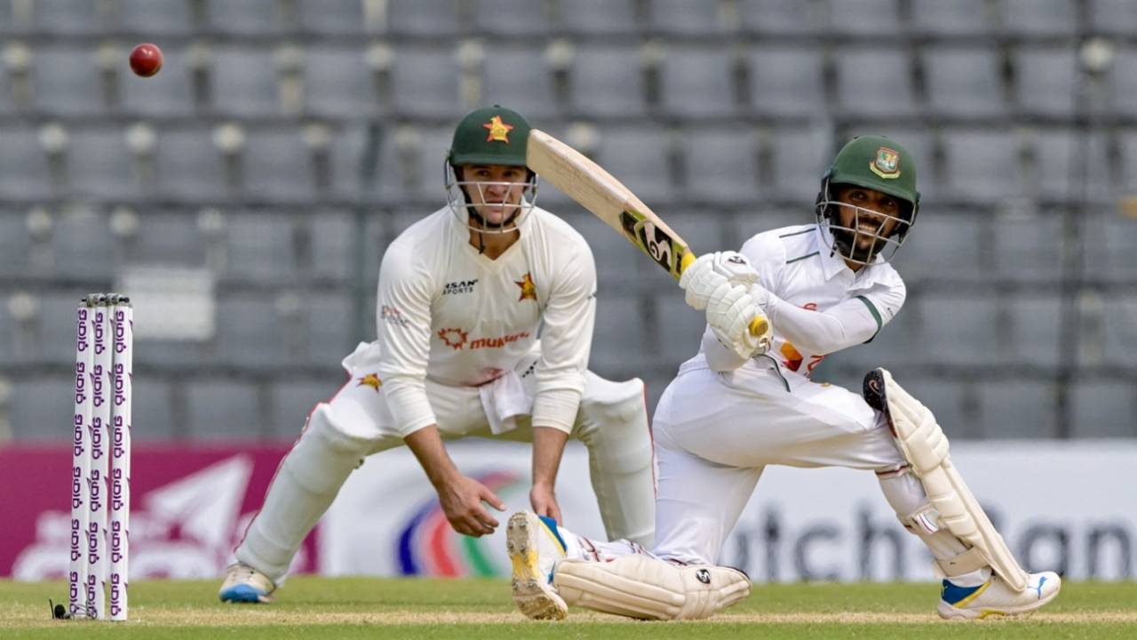 Mominul Haque plays the sweep, Bangladesh vs Zimbabwe, 1st Test, Sylhet, 3rd day, April 22, 2025