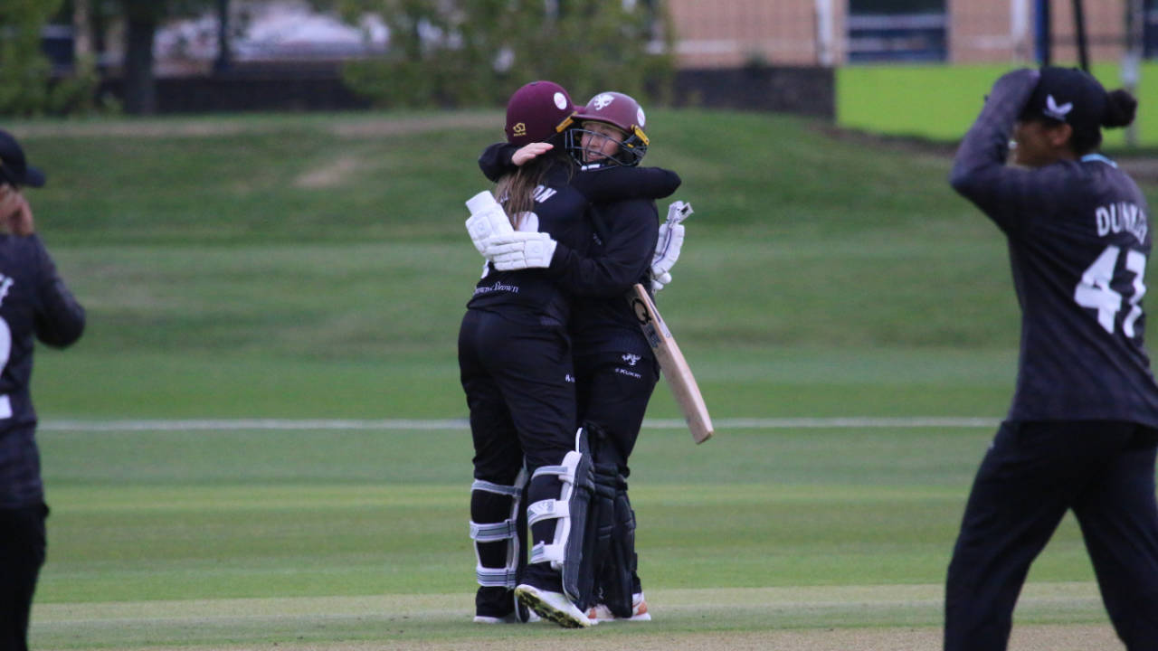Amanda-Jade Wellington and Fran Wilson celebrate the moment of victory, Surrey Women vs Somerset Women, Metro Bank One Day Cup, Beckenham, April 23, 2025