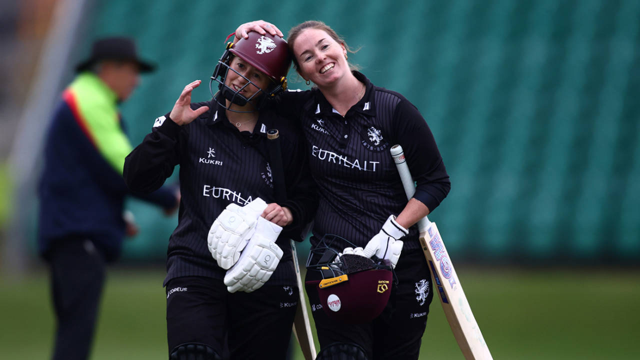 Amanda-Jade Wellington and Fran Wilson celebrate after hitting the winning runs, Surrey Women vs Somerset Women, Metro Bank One Day Cup, Beckenham, April 23, 2025