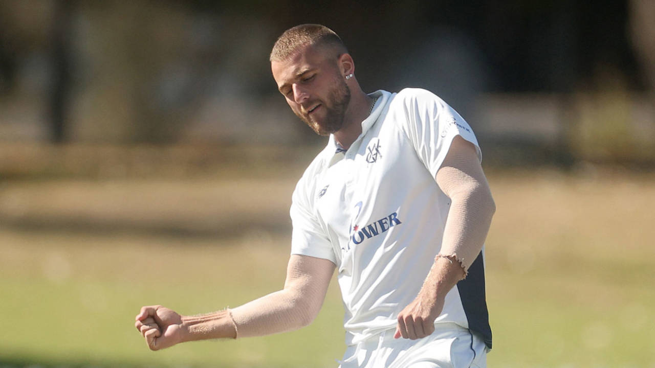 Fergus O'Neill celebrates, Victoria vs South Australia, Sheffield Shield, Junction Oval, March 9, 2025
