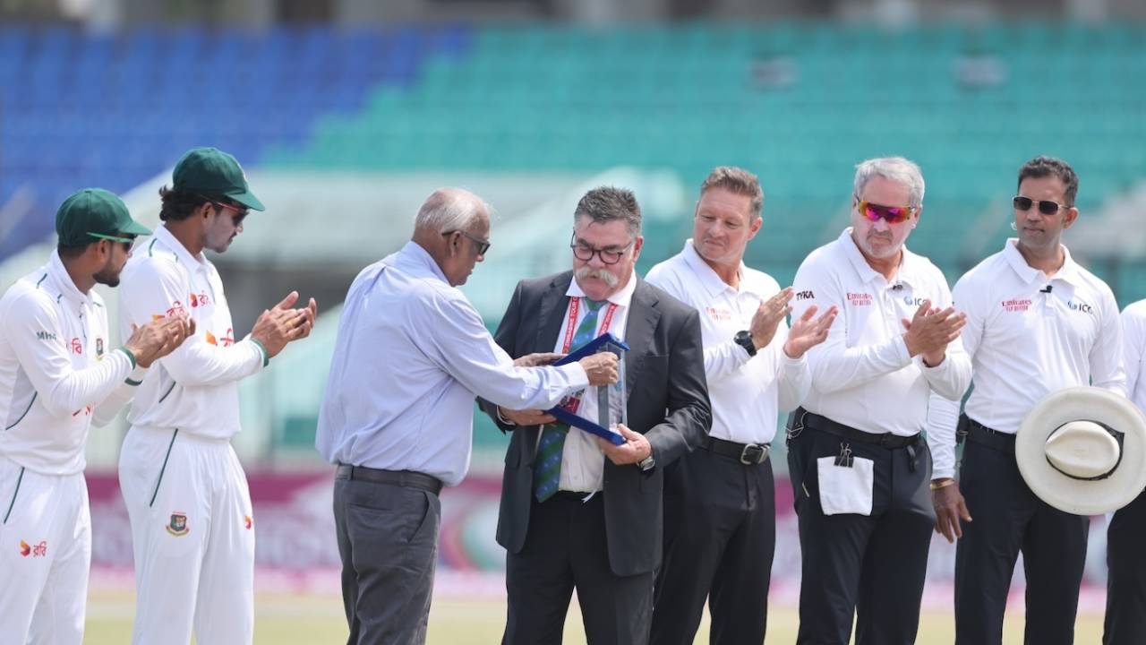 David Boon, in his last Test as a match referee, is felicitated at the toss, Bangladesh vs Zimbabwe, 2nd Test, Chattogram, 1st day, April 28, 2025