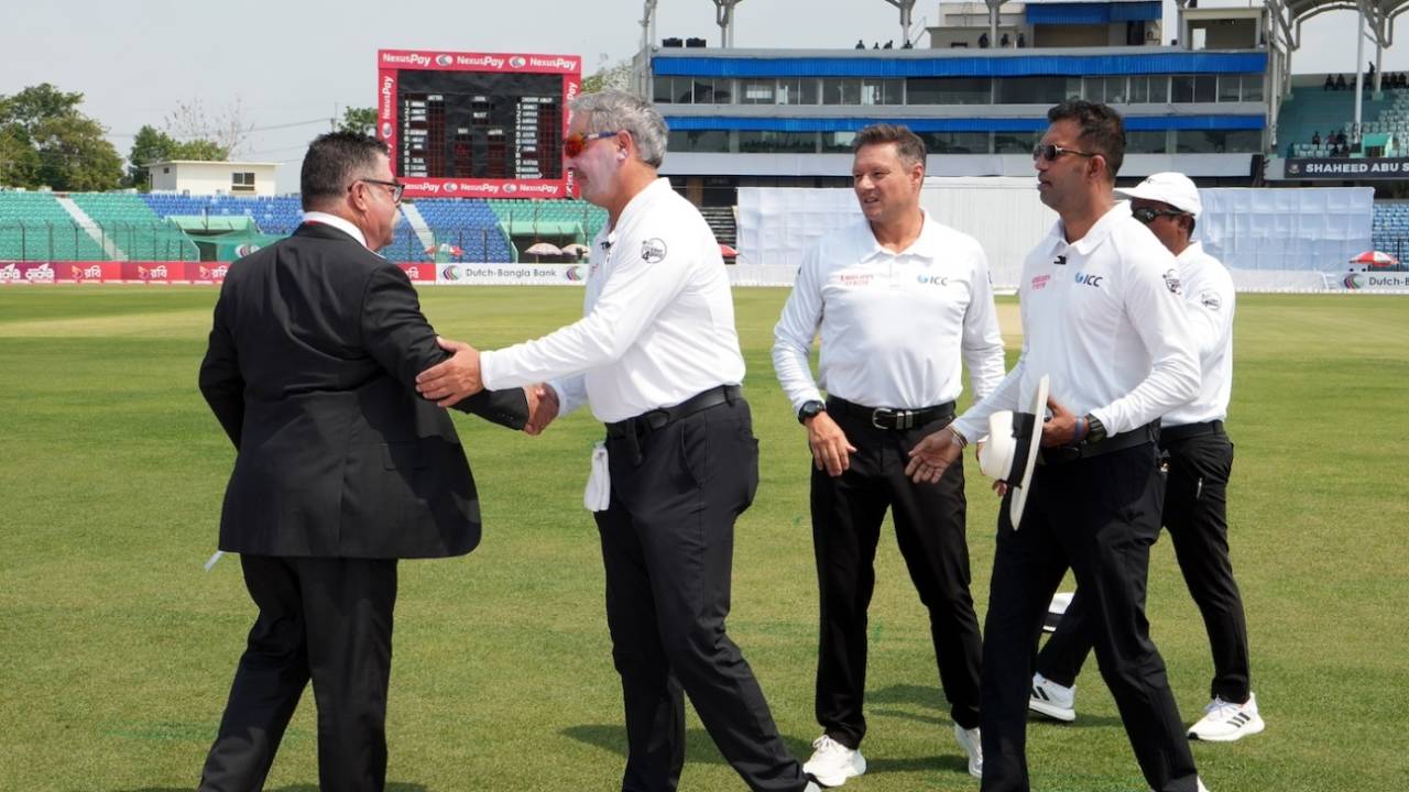 Match officials Richard Illingworth, Richard Kettleborough and Kumar Dharmasena greet David Boon, Bangladesh vs Zimbabwe, 2nd Test, Chattogram, 1st day, April 28, 2025