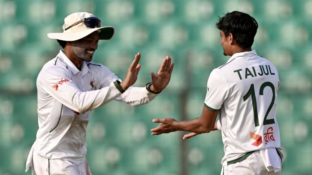 Najmul Hossain and Taijul Islam celebrate the fall of a Zimbabwe wicket, Bangladesh vs Zimbabwe, 2nd Test, Chattogram, 1st day, April 28, 2025