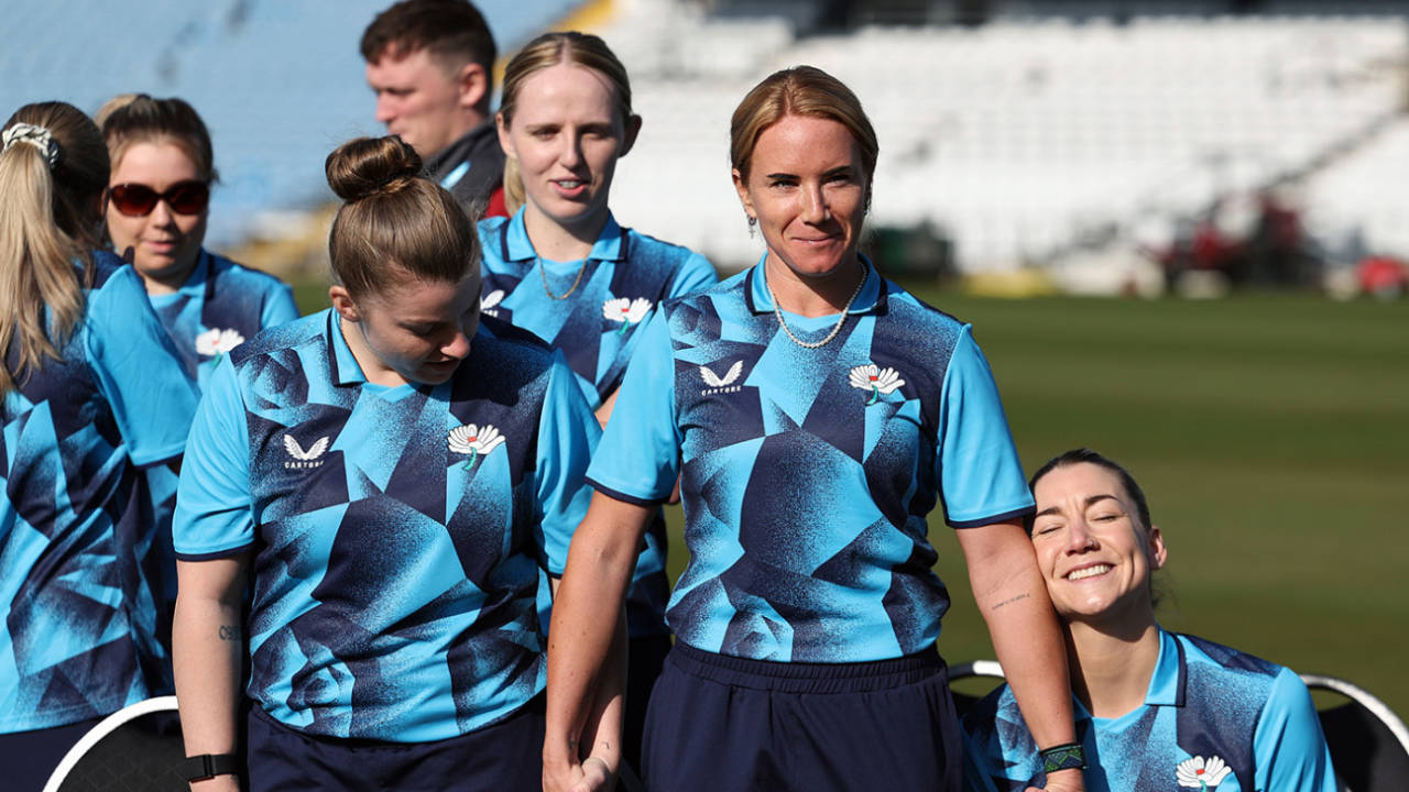 Lauren Winfield-Hill with her Yorkshire team-mates during a Yorkshire CCC photocall, Headingley, March 06, 2025 in Leeds