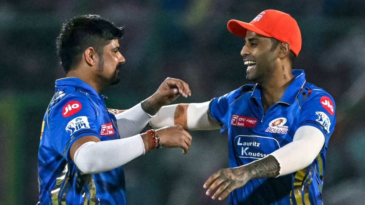 Suryakumar Yadav gets ready to embrace wicket-taker Karn Sharma, Rajasthan Royals vs Mumbai Indians, IPL 2025, Jaipur, May 1, 2025