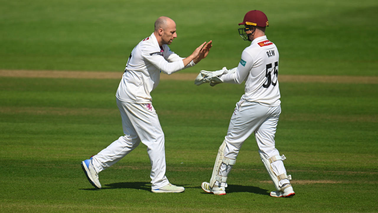 Jack Leach chipped away for the home side, Somerset vs Essex, County Championship, Taunton, May 2, 2025