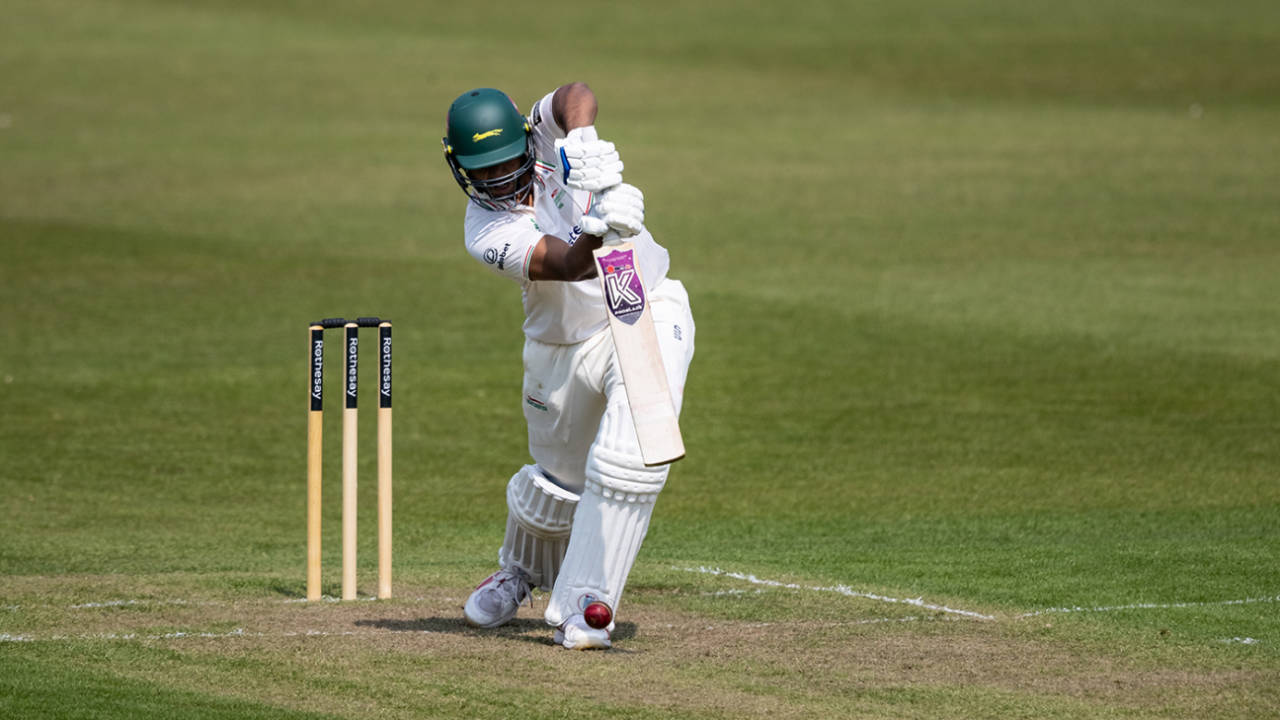 Rishi Patel drives on the way to a century, Leicestershire vs Northamptonshire, County Championship, Grace Road, May 2, 2025