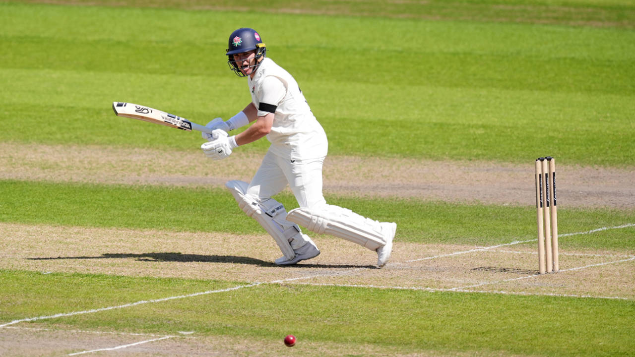 Marcus Harris steers into the off side during his hundred, Lancashire vs Gloucestershire, County Championship, Division Two, Old Trafford, May 2, 2025