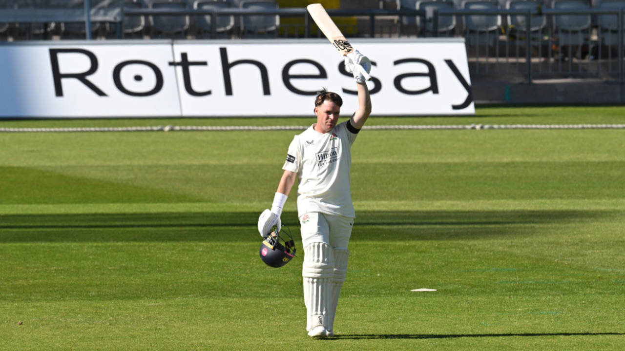 Marcus Harris on reaching his second century of the season, Lancaster vs Gloucestershire, Old Trafford, May 2, 2025