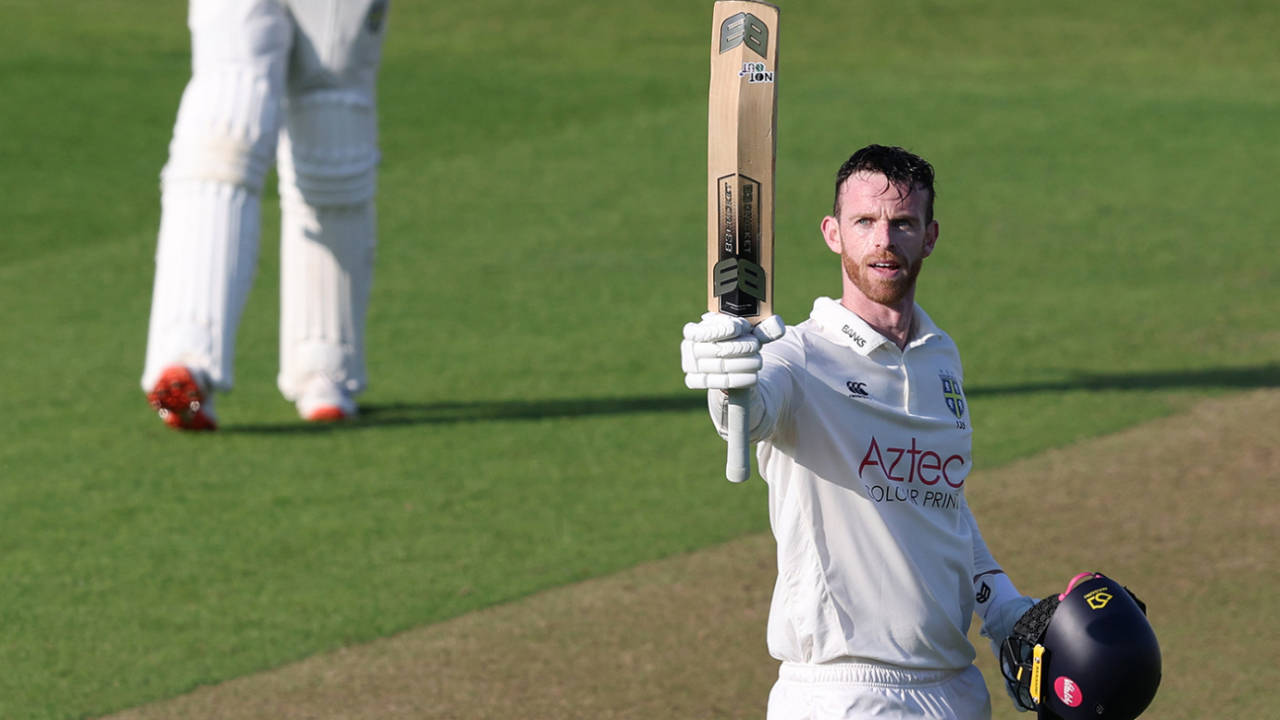 Graham Clark raises his bat on reaching a century, Hampshire vs Durham, County Championship, Utilita Bowl, May 2, 2025