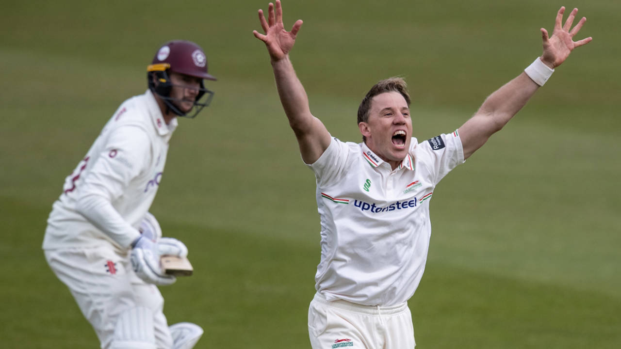 Logan van Beek appeals for lbw, Leicestershire vs Northamptonshire, County Championship, Division Two, Grace Road, May 3, 2025