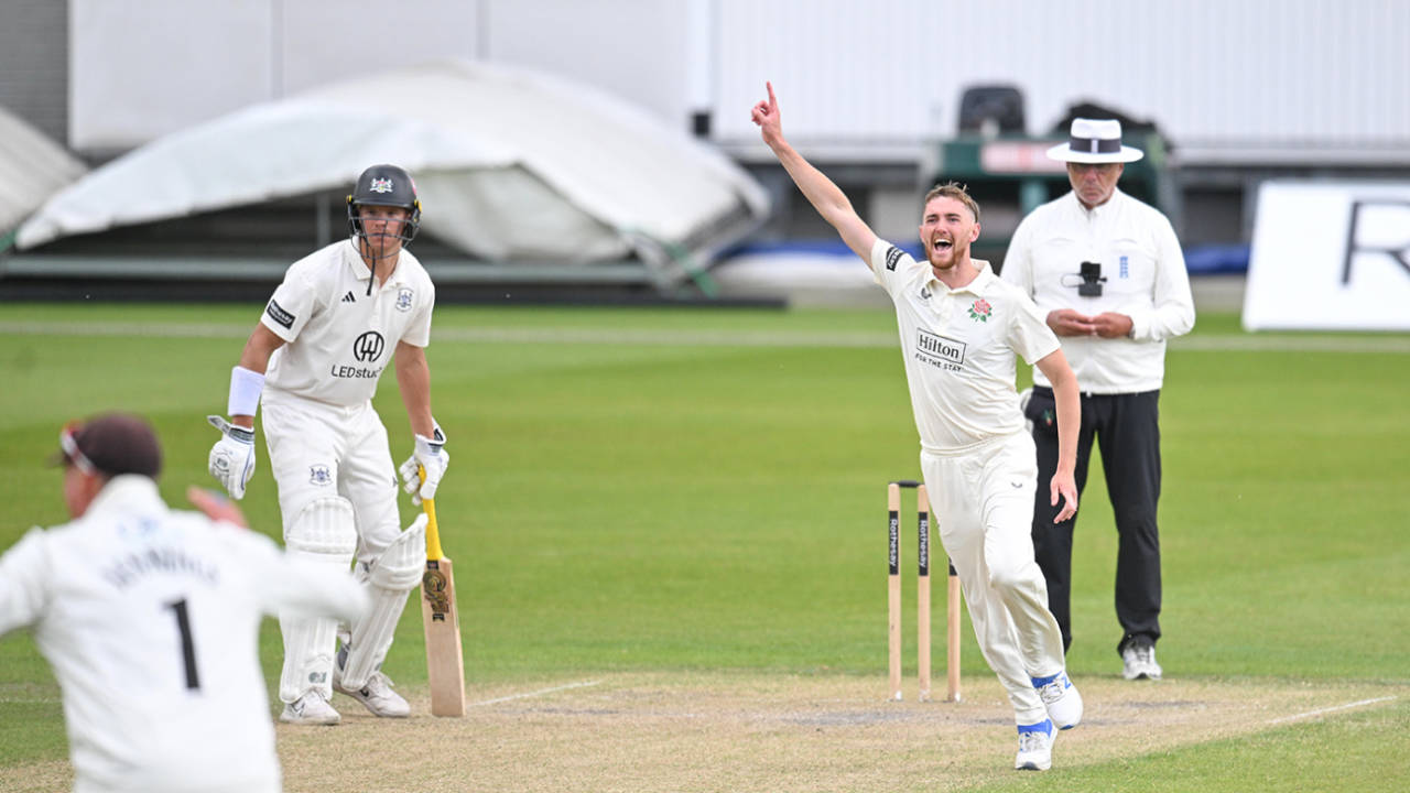 George Balderson after taking his hundredth first-class wicket, Lancashire vs Gloucestershire, Old Trafford, May 3, 2025