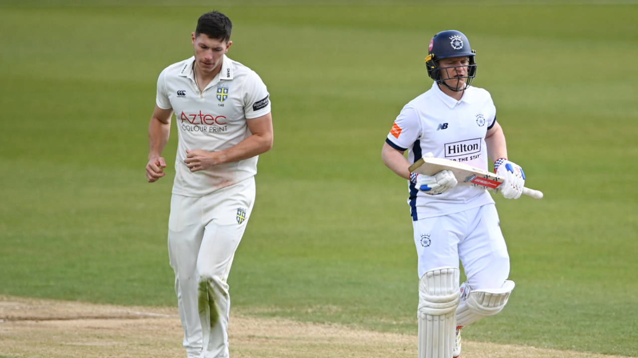 Ben Brown and Durham fast bowler Matthew Potts, Hampshire vs Durham, May 5, 2025