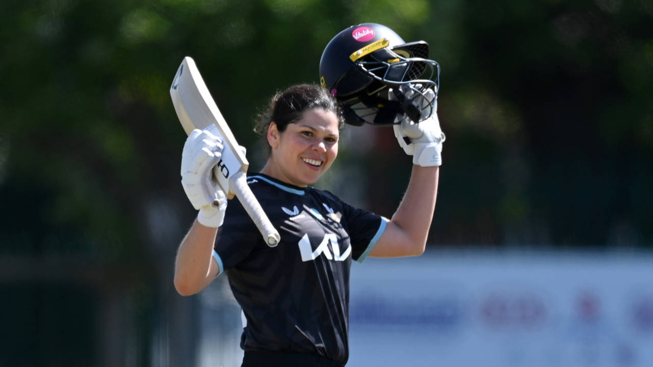 Alice Davidson-Richards celebrates reaching her century, Metro Bank One Day Cup, Lancashire Women vs Surrey Women, Southport, May 07, 2025