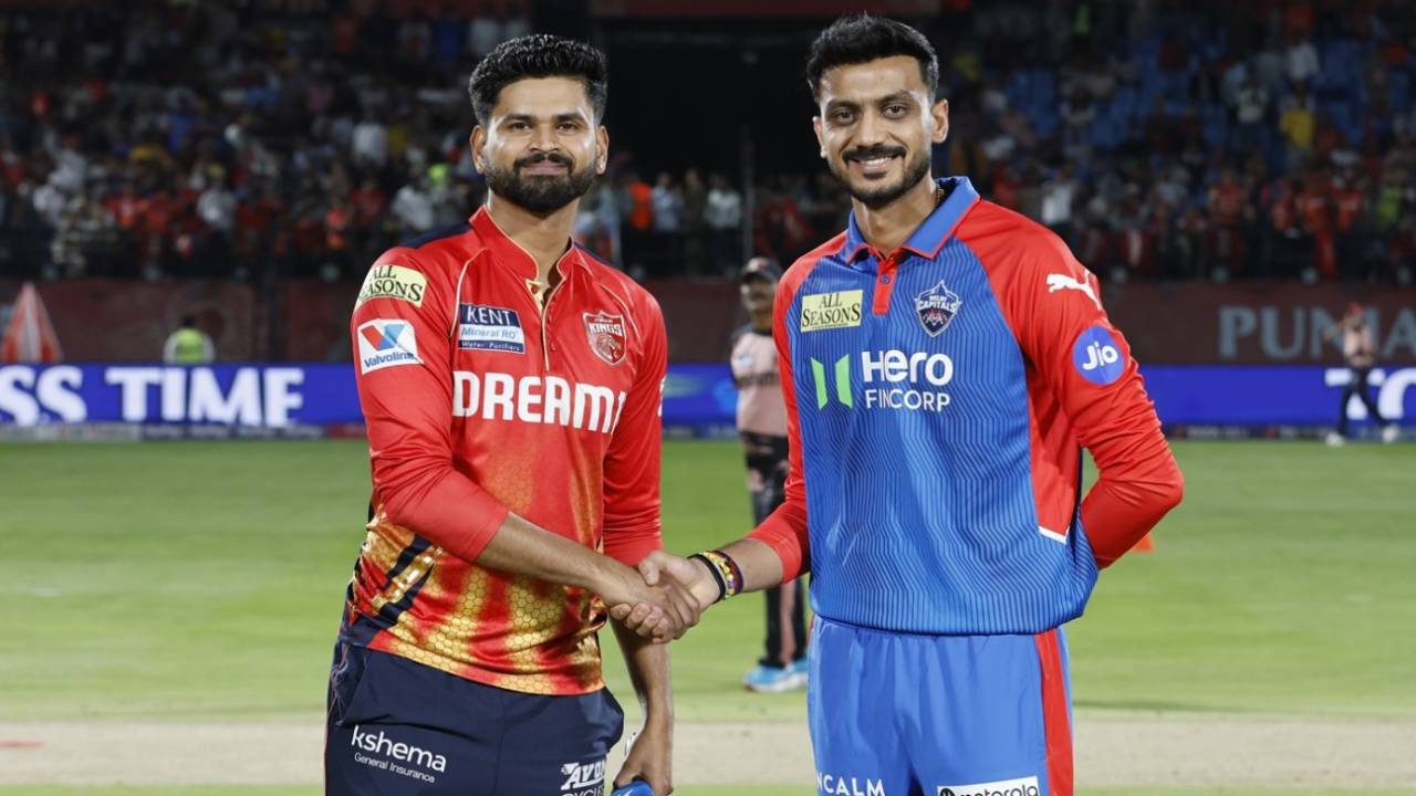 Shreyas Iyer and Axar Patel exchange handshakes at the toss, Punjab Kings vs Delhi Capitals, IPL 2025, Dharamsala, May 8, 2025