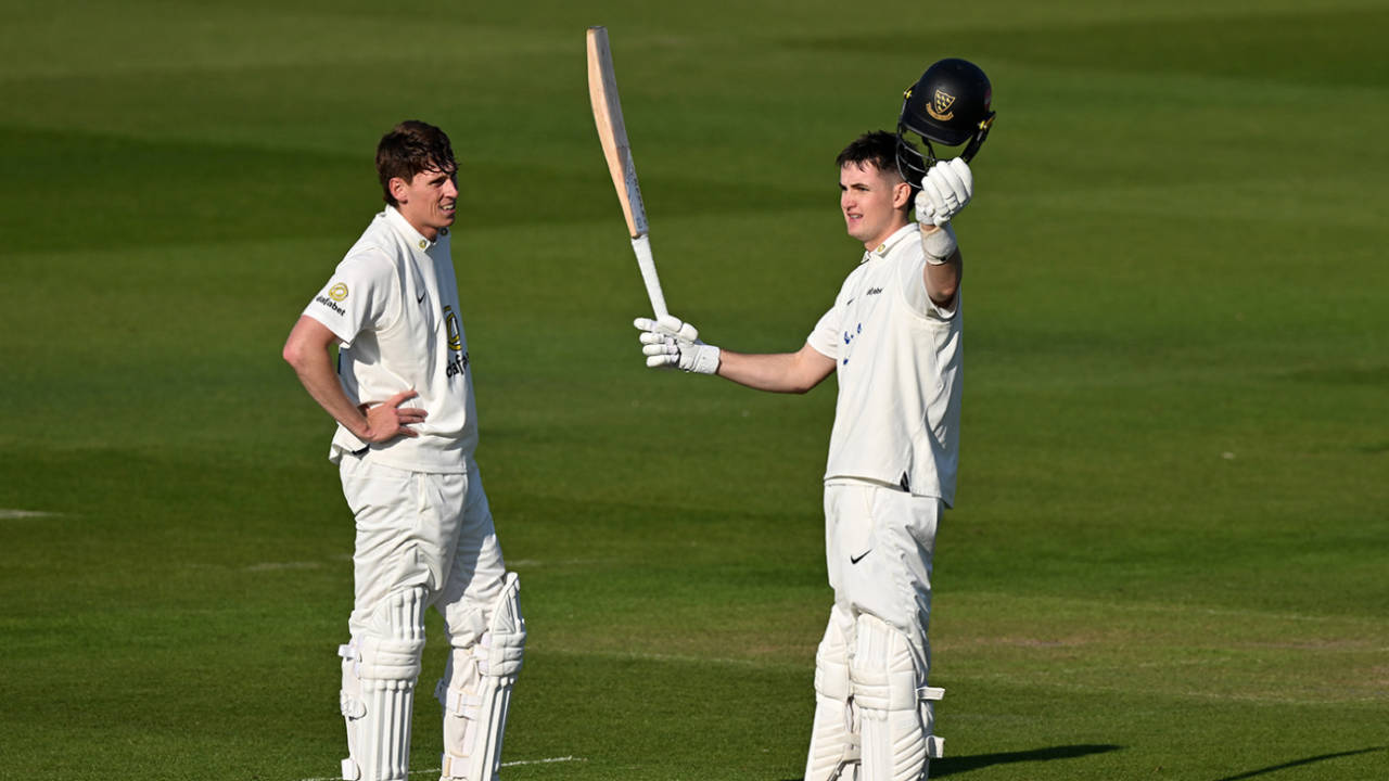 Jack Carson celebrates after reaching his century, Sussex vs Worcestershire, County Championship, Hove, May 9, 2025