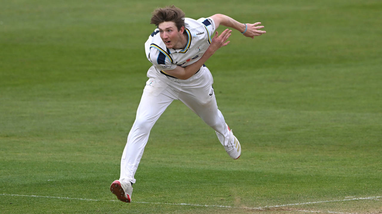 George Hill in his delivery stride, Durham vs Yorkshire, County Championship, Chester-le-Street, April 19, 2025