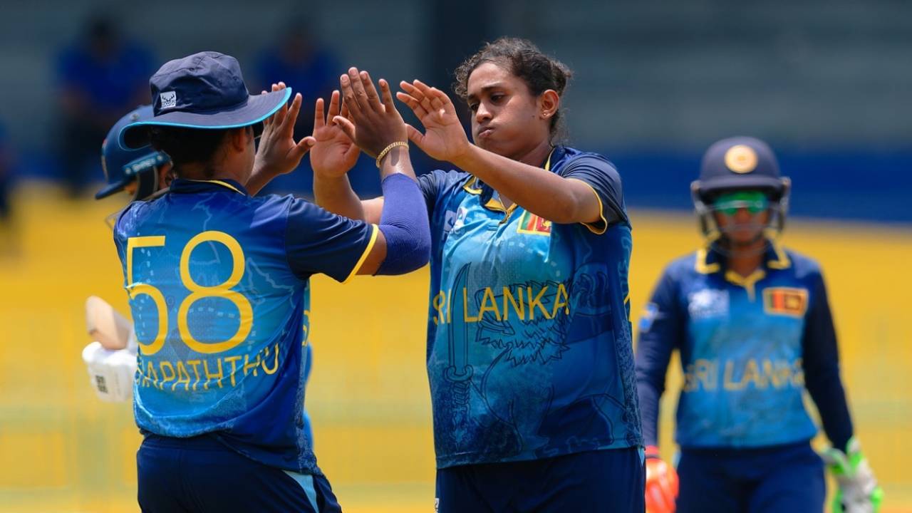 A relieved Dewmi Vihanga celebrates after seeing the back of Smriti Mandhana, India vs Sri Lanka, women's tri-series, final, Colombo, May 11, 2025