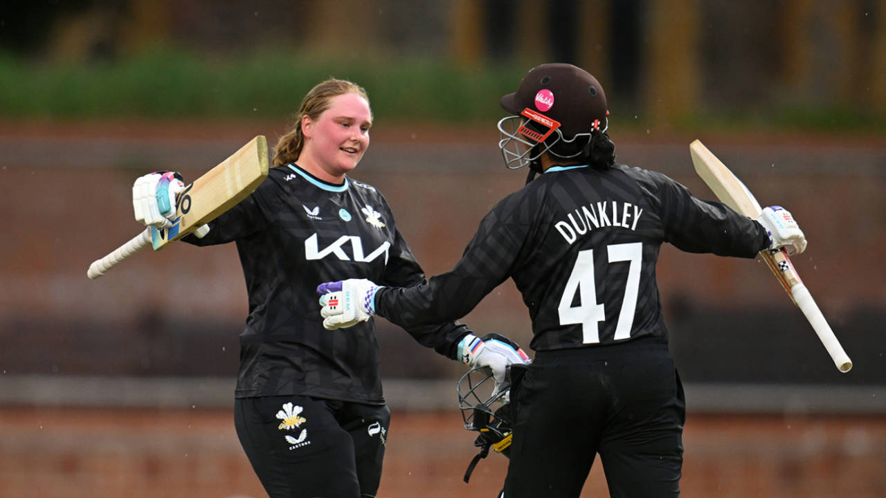 Bryony Smith celebrates her century with team-mate Sophia Dunkley, Metro Bank One Day Cup, Somerset vs Surrey, Taunton, May 11, 2025