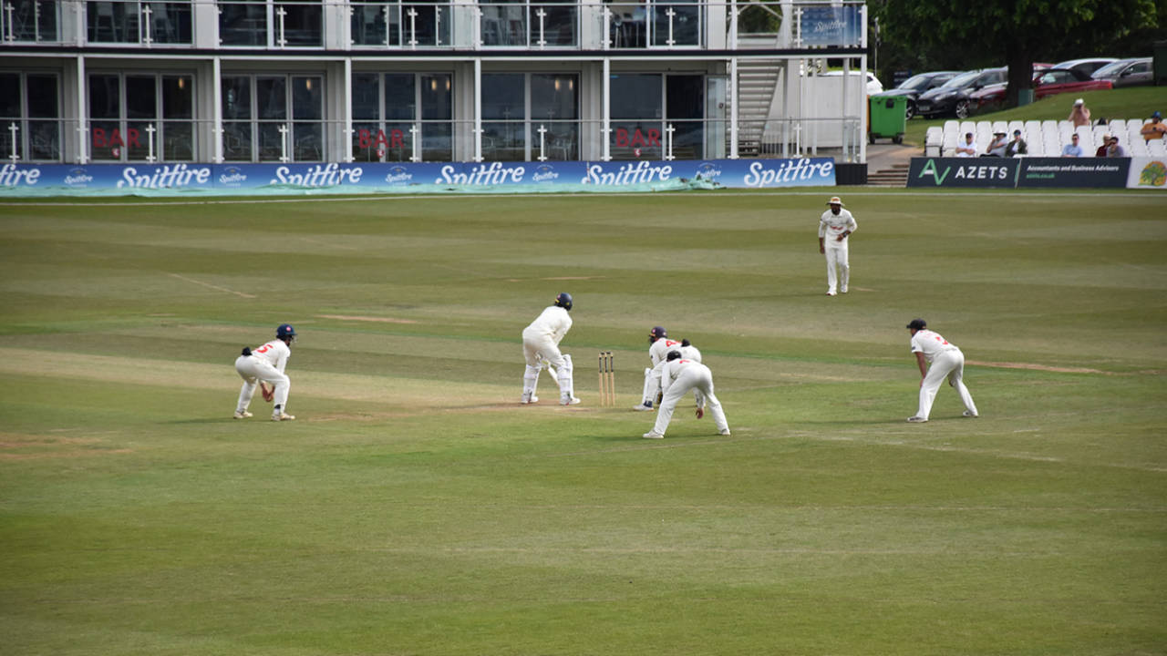Glamorgan fielders crowd Kashif Ali as they close in on victory, County Championship, Division Two, Kent vs Glamorgan, Canterbury, May 11, 2025
