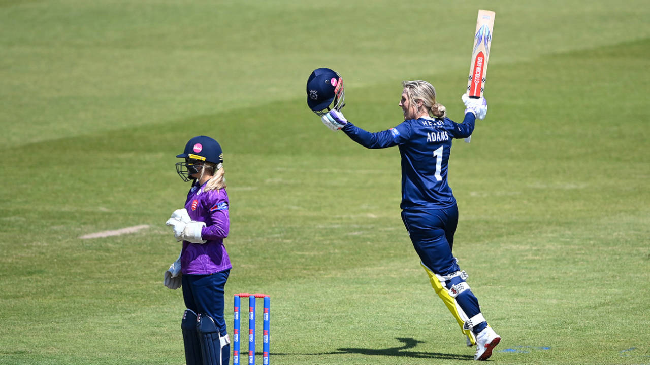 Georgia Adams celebrates her century, Metro Bank One-Day Cup Women, Hampshire vs Essex, Southampton, May 11, 2025