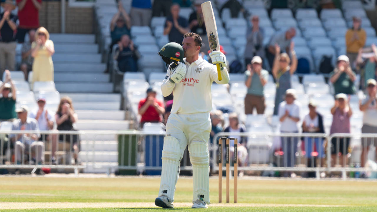 Liam Patterson-White celebrates completing his first century at Trent Bridge, County Championship, Division One, Nottinghamshire vs Hampshire, Trent Bridge, May 11, 2025