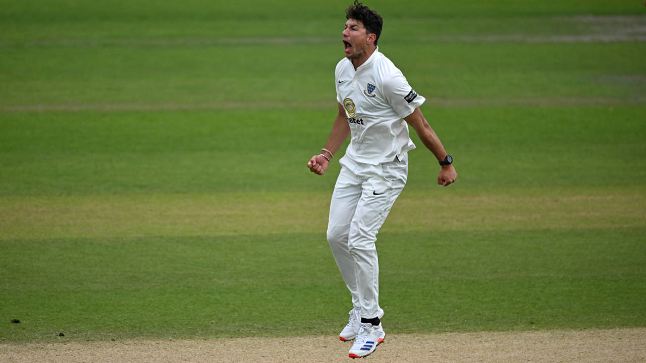 Ari Karvelas was delighted with the wicket of Ethan Brookes, Sussex vs Worcestershire, County Championship, Division Two, Hove, May 12, 2025