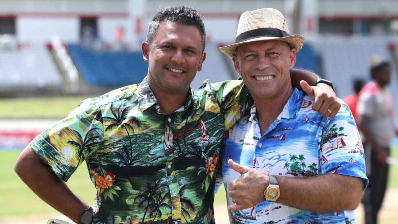 Daren Ganga and Danny Morrison pose for the cameras before a match, Barbados Royals vs Guyana Amazon Warriors, CPL, Tarouba, September 18, 2022