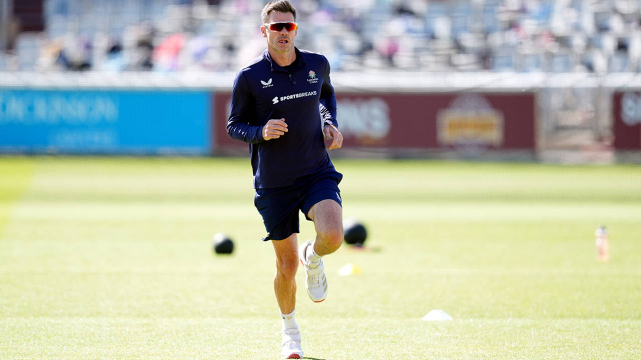 James Anderson warms up before play, Lancashire vs Derbyshire, County Championship, Division Two, Old Trafford, May 16, 2025