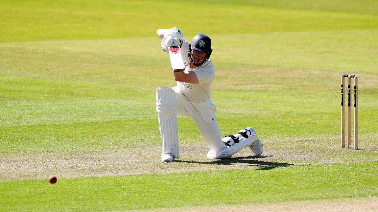 Luke Wells drives during his half-century, Lancashire vs Derbyshire, County Championship, Division Two, Old Trafford, May 16, 2025