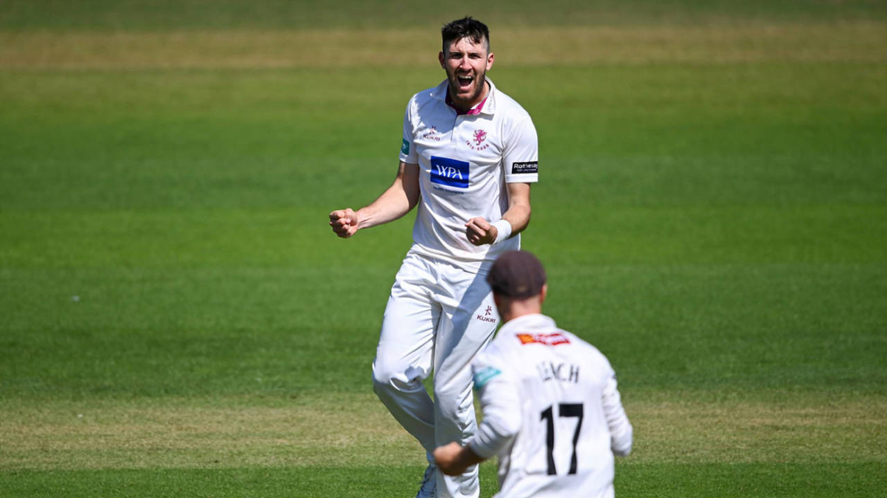 Somerset seamer Craig Overton celebrates taking the wicket of Sussex captain John Simpson, Rothesay County Championship, Division One, Somerset vs Sussex, Taunton, May 17, 2025
