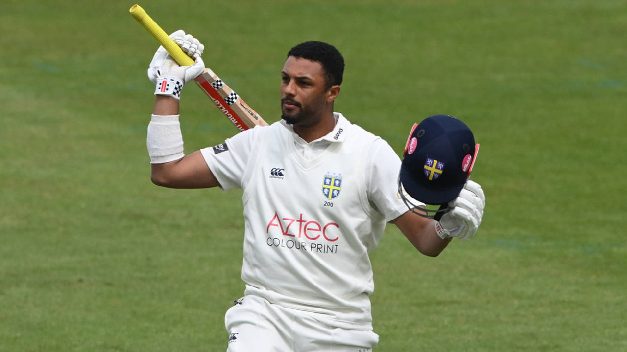 Emilio Gay acknowledges his century, County Championship, Division One, Durham vs Nottinghamshire, Chester-le-Street, May 18, 2025