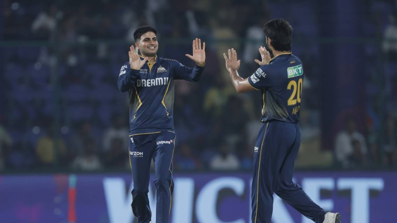 Shubman Gill and Arshad Khan celebrate the wicket of Faf du Plessis, Delhi Capitals vs Gujarat Titans, IPL 2025, Delhi, May 18, 2025
