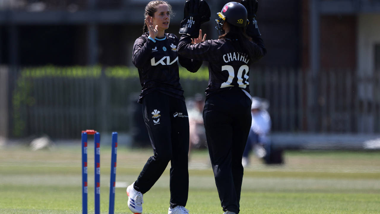 Danielle Gregory celebrates a breakthrough, Surrey vs The Blaze, Women's One-Day Cup, Beckenham, May 14, 2025